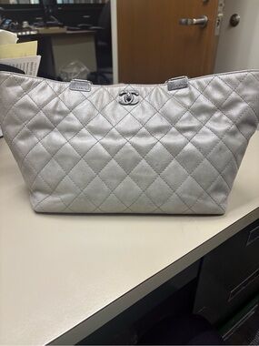 CHANEL Silver Quilted Leather Tote with CC Logo